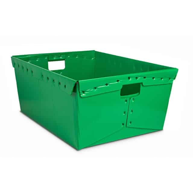 green corrugated plastic warehouse tote with handles