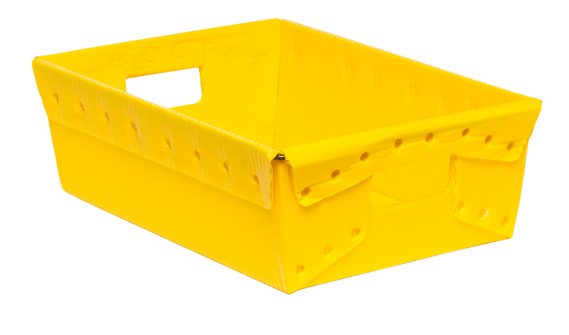 short yellow corrugated plastic warehouse tote with handles