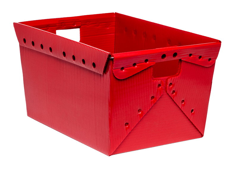 red corrugated plastic warehouse tote with handles