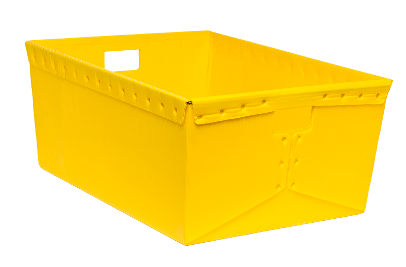 short yellow corrugated plastic warehouse tote