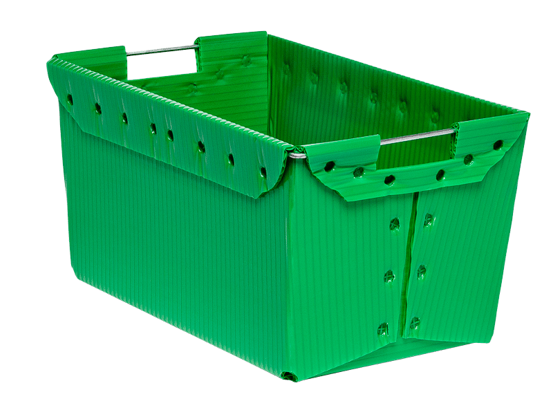 green corrugated plastic bin with metal handles