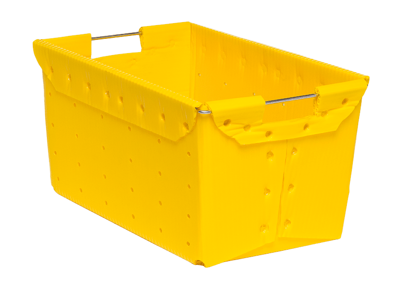 yellow corrugated plastic mailroom shipping bin with wire handles
