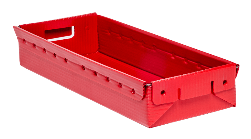 long red corrugated plastic tray with pull handle
