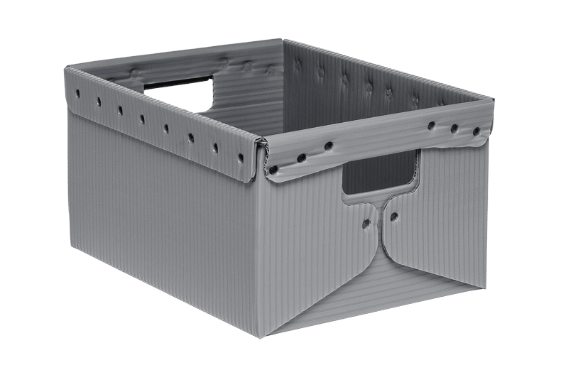 gray corrugated plastic file storage box with handles