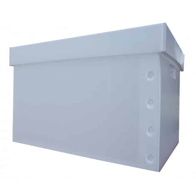 side view of white corrugated plastic file storage box