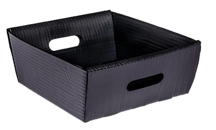 short black corrugated plastic tray with handles