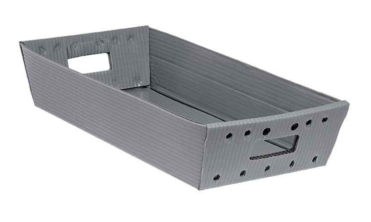long gray corrugated plastic tray with handles