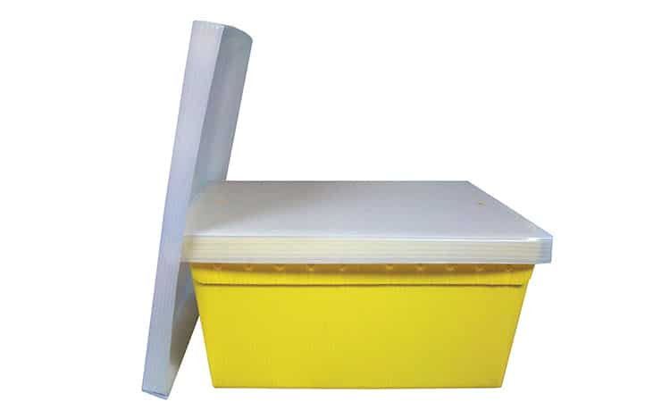 yellow corrugated plastic bin with white lid