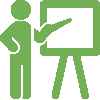 teacher green Stick teacher in front of whiteboard.
