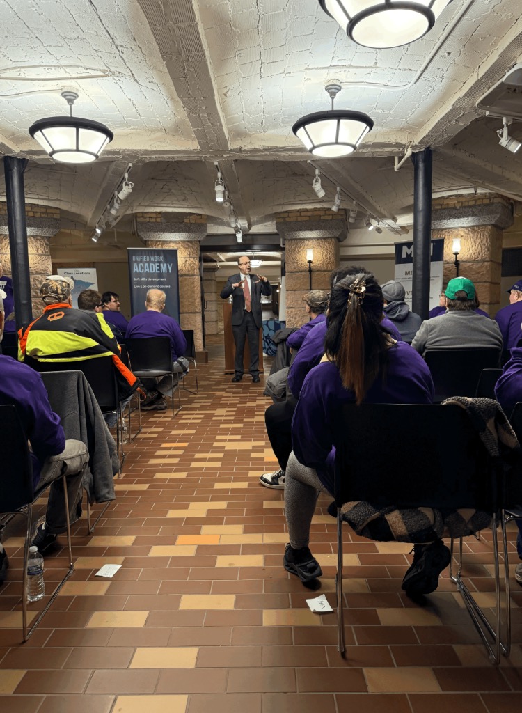 Representative Dave Pinto speaks with MDI Employees